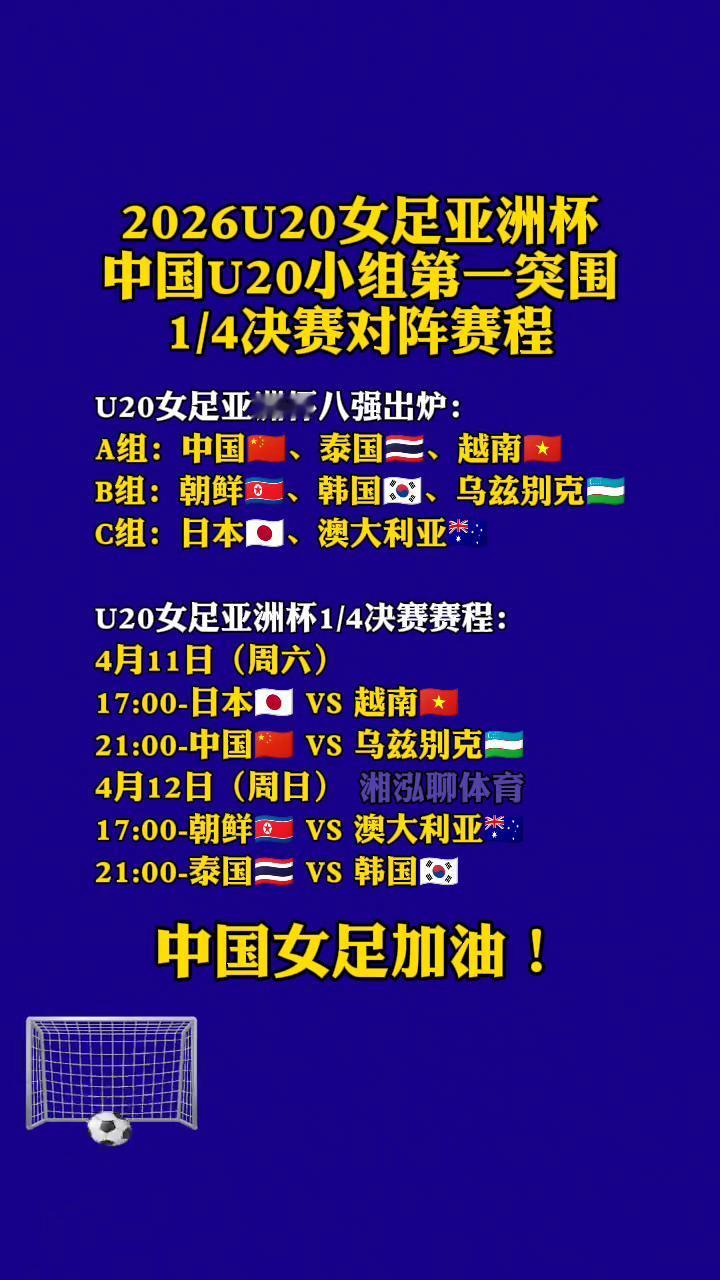 2026U20女足亚洲杯，中国U20小组第一突围1/4决赛对阵赛程。
U20女足