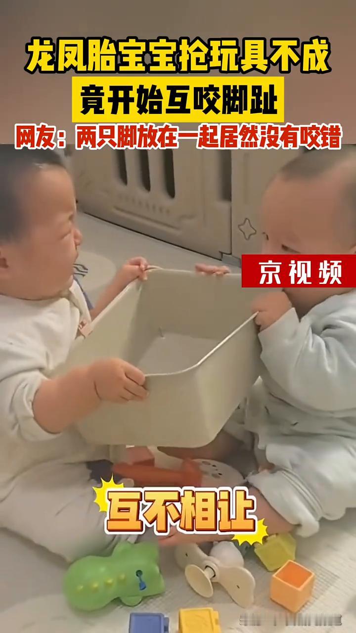 龙凤胎宝宝抢玩具不成竟开始互咬脚趾。
来源：广西新闻频道。
网友：两只脚放在一起