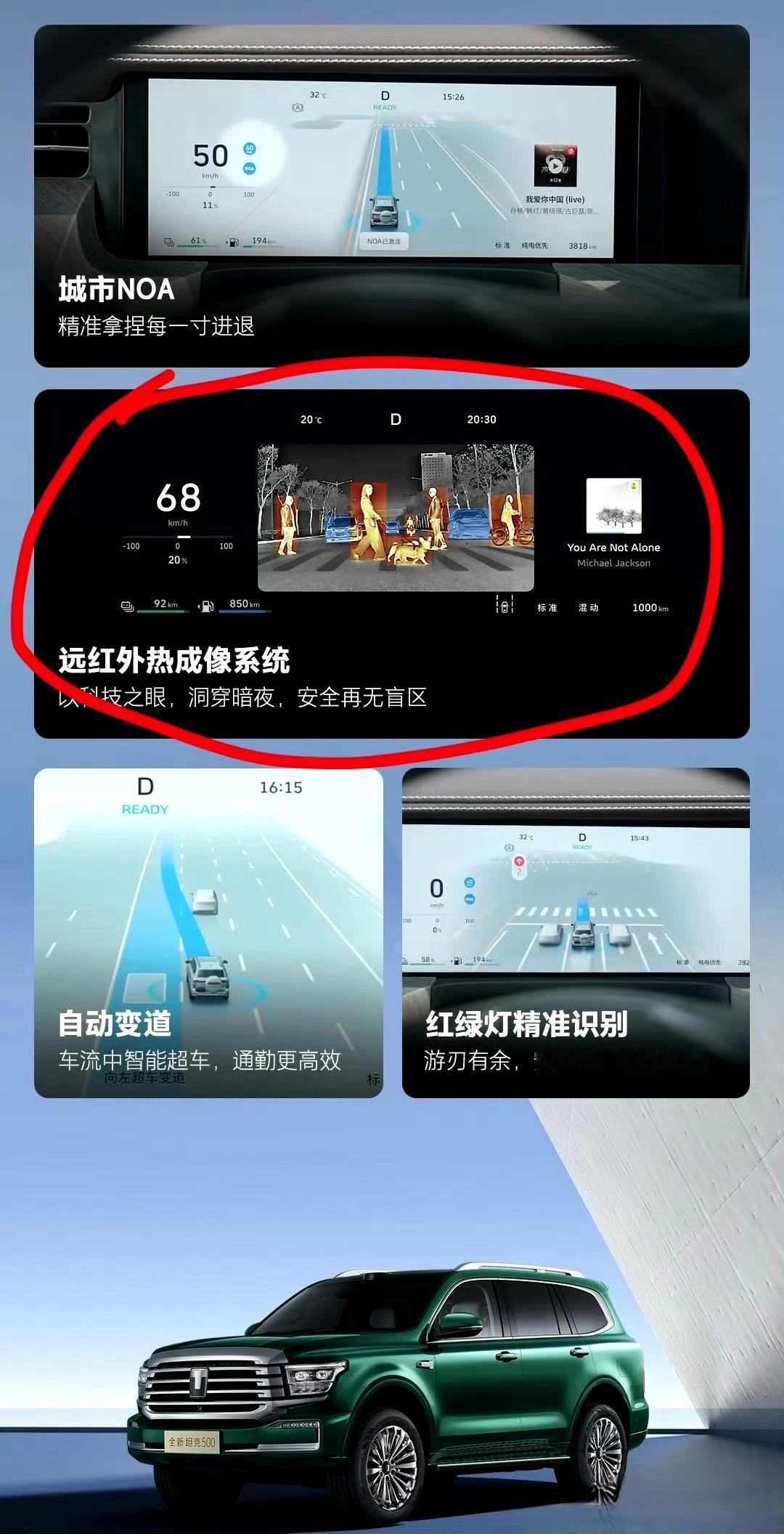坦克500这个车竟然有【远红外热成像仪】！！
有一种场景很有用，在低速的时候，如