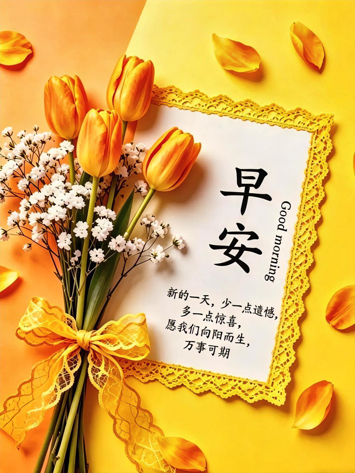 早安！橙黄郁金香与满天星，愿你今日少遗憾多惊喜，向阳而生，万事可期！