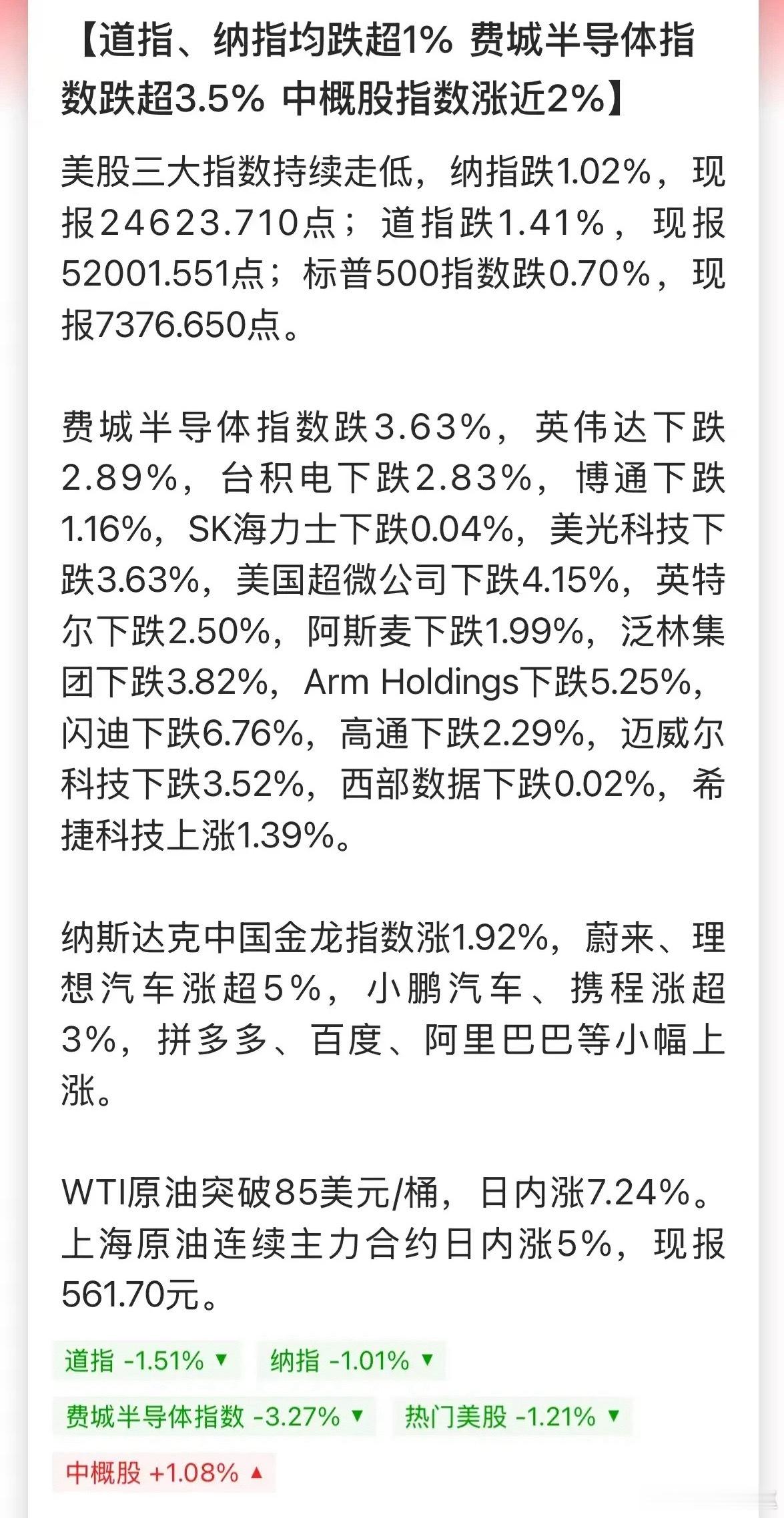隔夜美股全线大跌，费城半导体指数暴跌近4%，主要受伊朗局势升级、美联储议息会议两