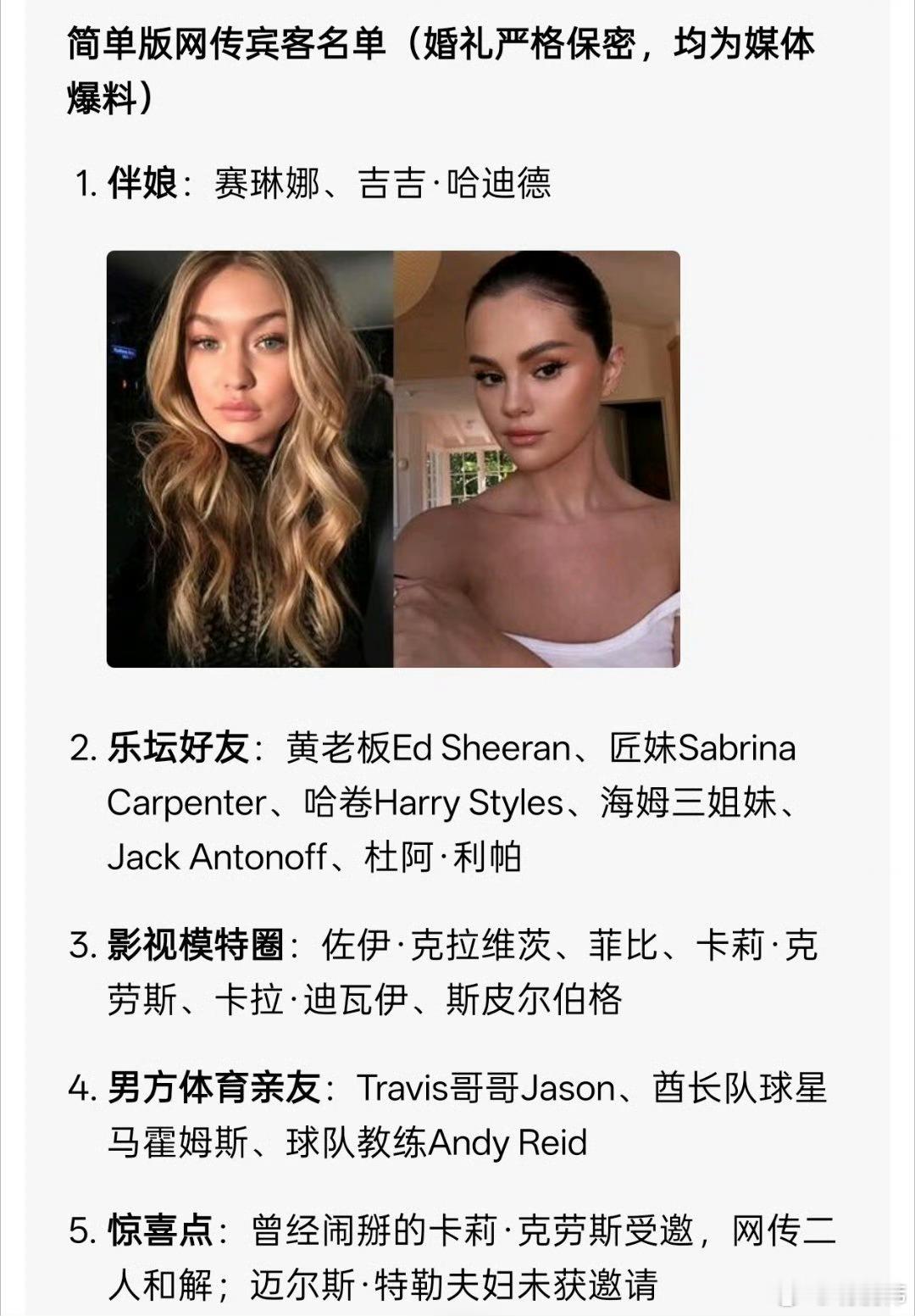 霉霉婚礼宾客名单以上所有宾客名单均为综合外媒《综艺》、NBC、《People》等