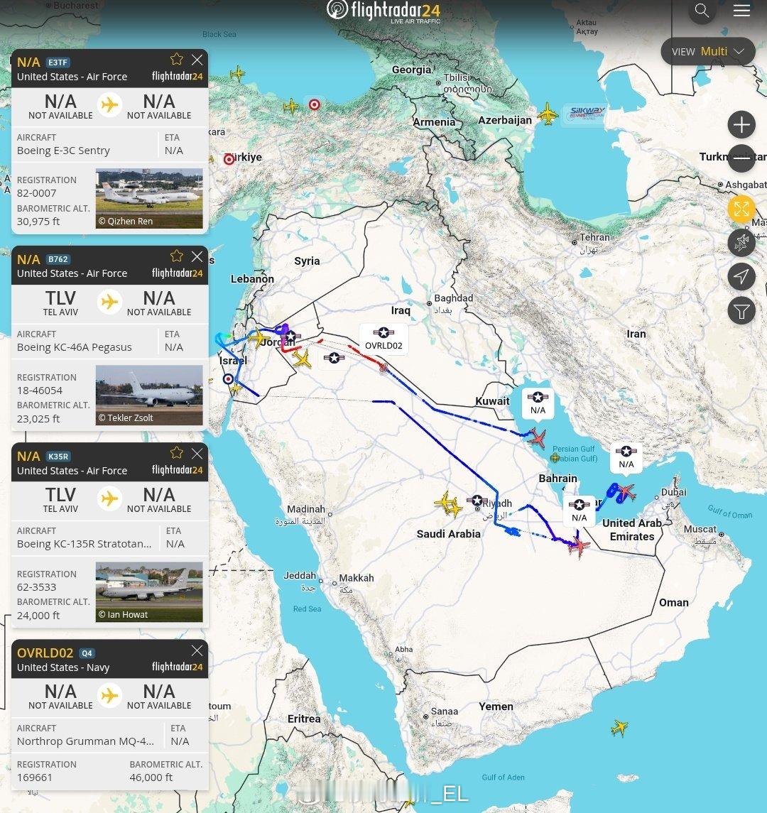 新补充到沙特阿拉伯苏丹王子空军基地的美军E-3G预警机连同新补充的MQ-4C无人