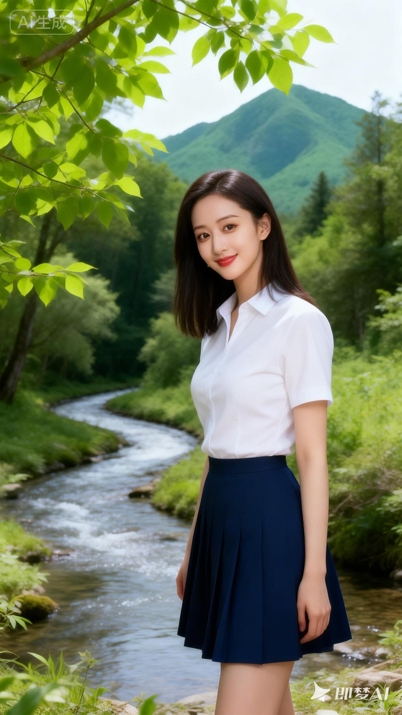 夏日清新穿搭，白衬衫+蓝短裙，自然风景中凹造型