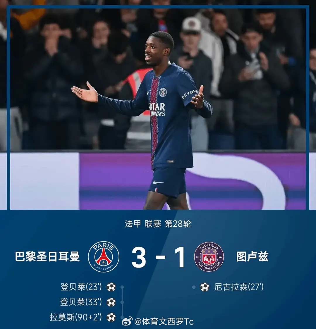 法甲！登贝莱双响，拉莫斯建功！大巴黎3-1力克图卢兹4分领跑！4月4日 25/2