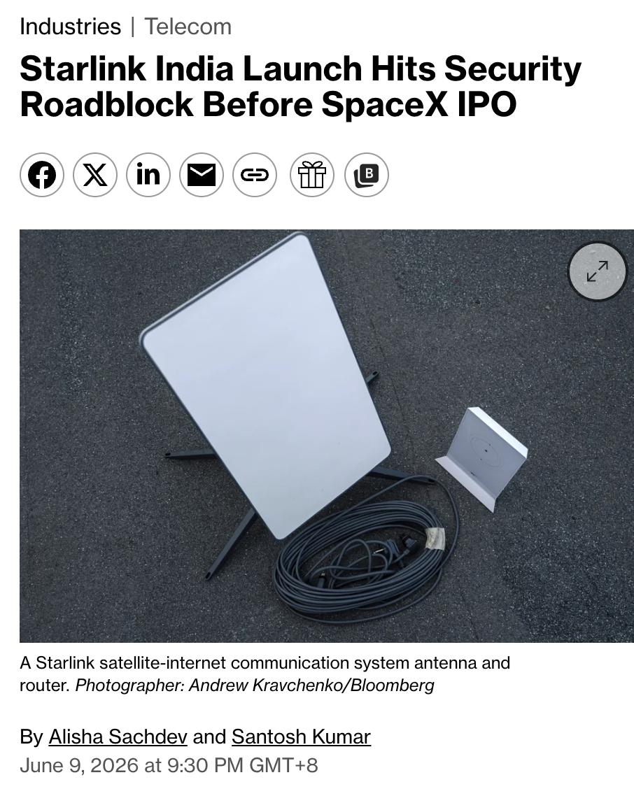 美媒：印度以国家安全为由冻结了马斯克旗下星链（Starlink）在该国开展商业运