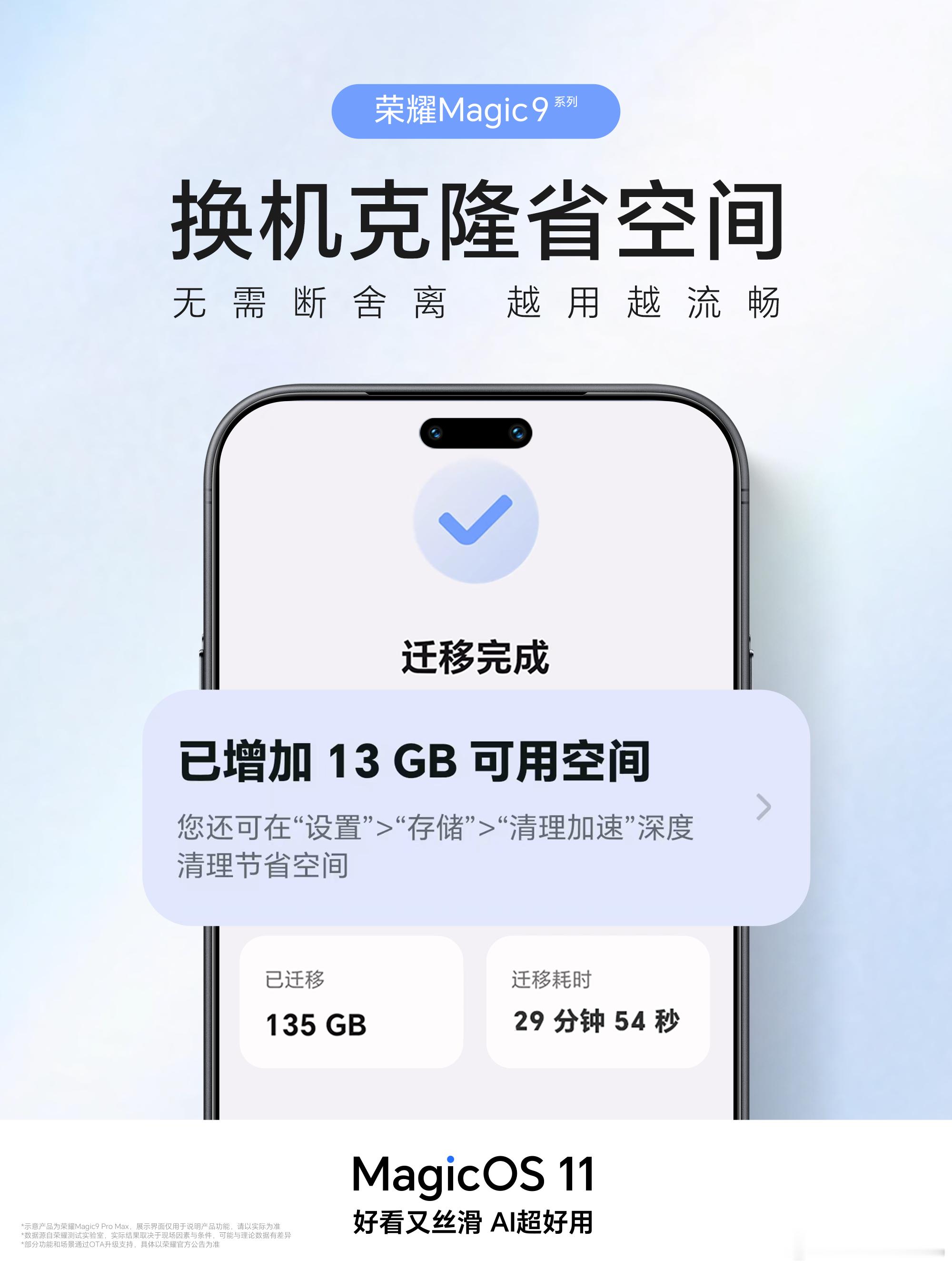 换新机最头疼的就是数据迁移！要么删资料腾空间，要么长时间干等传输。荣耀Magic