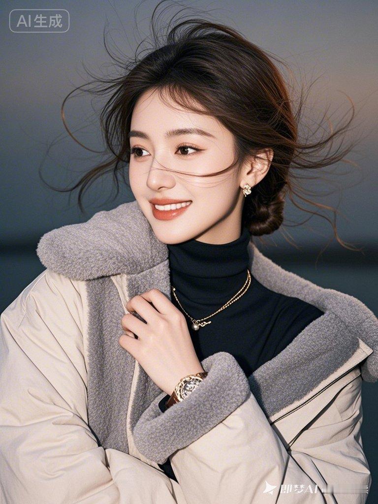 女子深棕色波浪慵懒扎发，发丝光泽随风飘逸。瓜子脸肌肤白皙透亮，樱桃红唇红润，自信