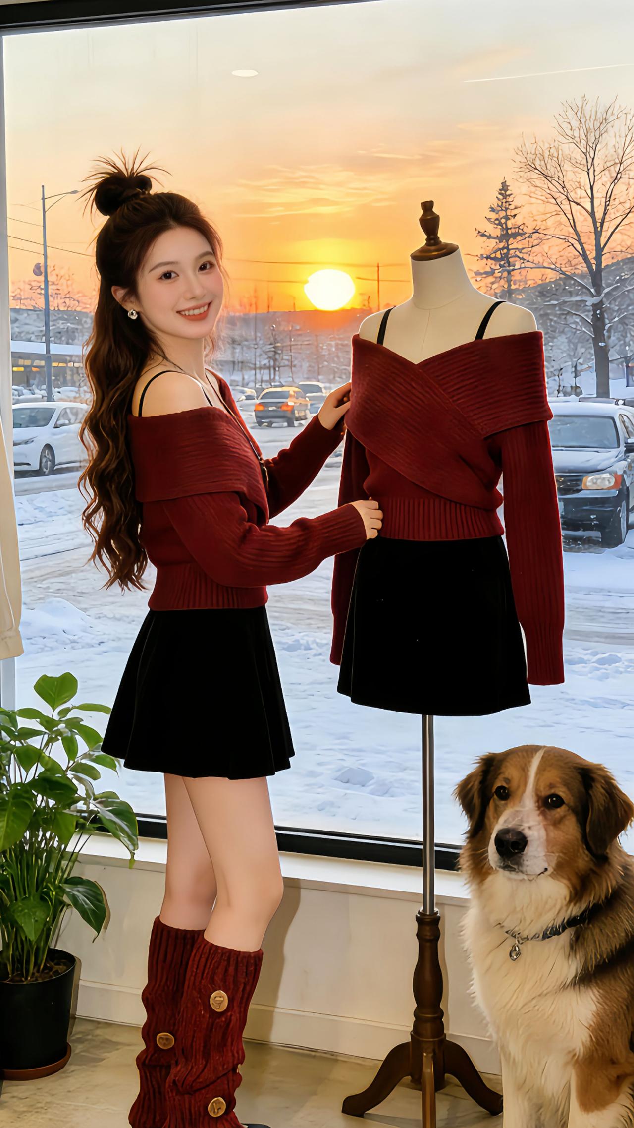 Danny在冬日服装店整理新年战袍时，暖光裹着红黑配的温柔，身旁的大狗狗歪头张望