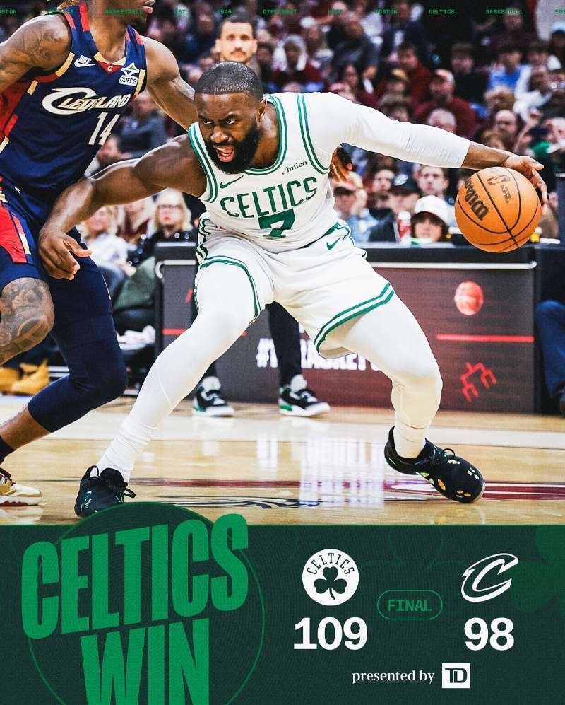 109：98客场轻松战胜骑士，用一场胜利开启新的一周！塔图姆继续首发出场，依然是