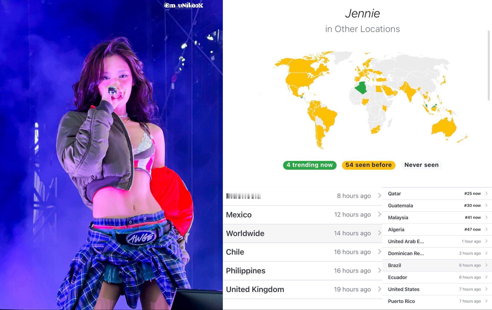 在Governors Ball音乐节表演之后 JENNIE 在全球多个国家登上趋
