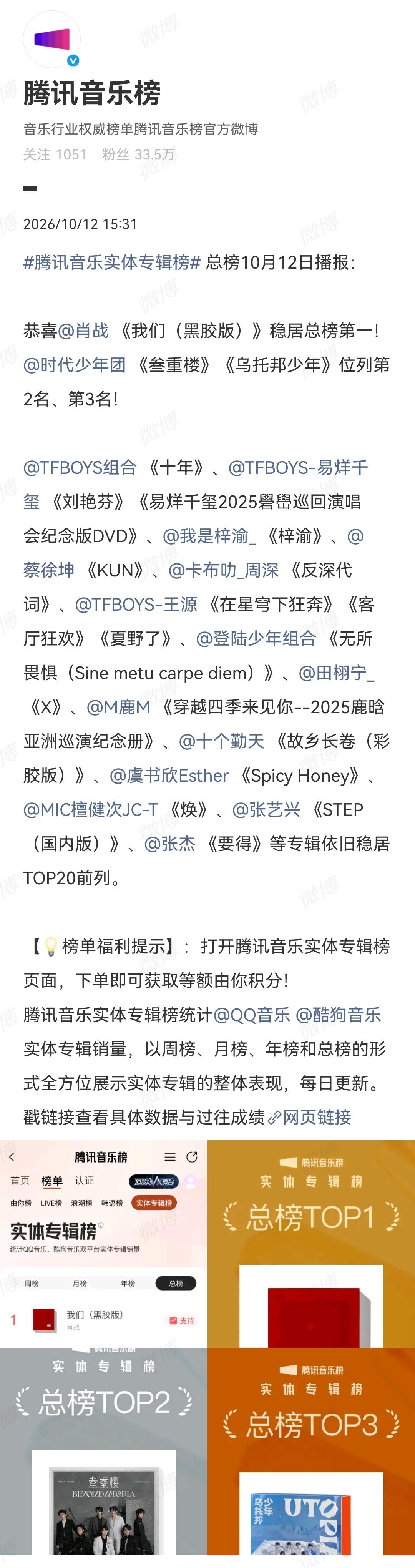 总榜10月12日播报：恭喜@肖战 《我们（黑胶版）》稳居总榜第一！🥇🏆[赞]
