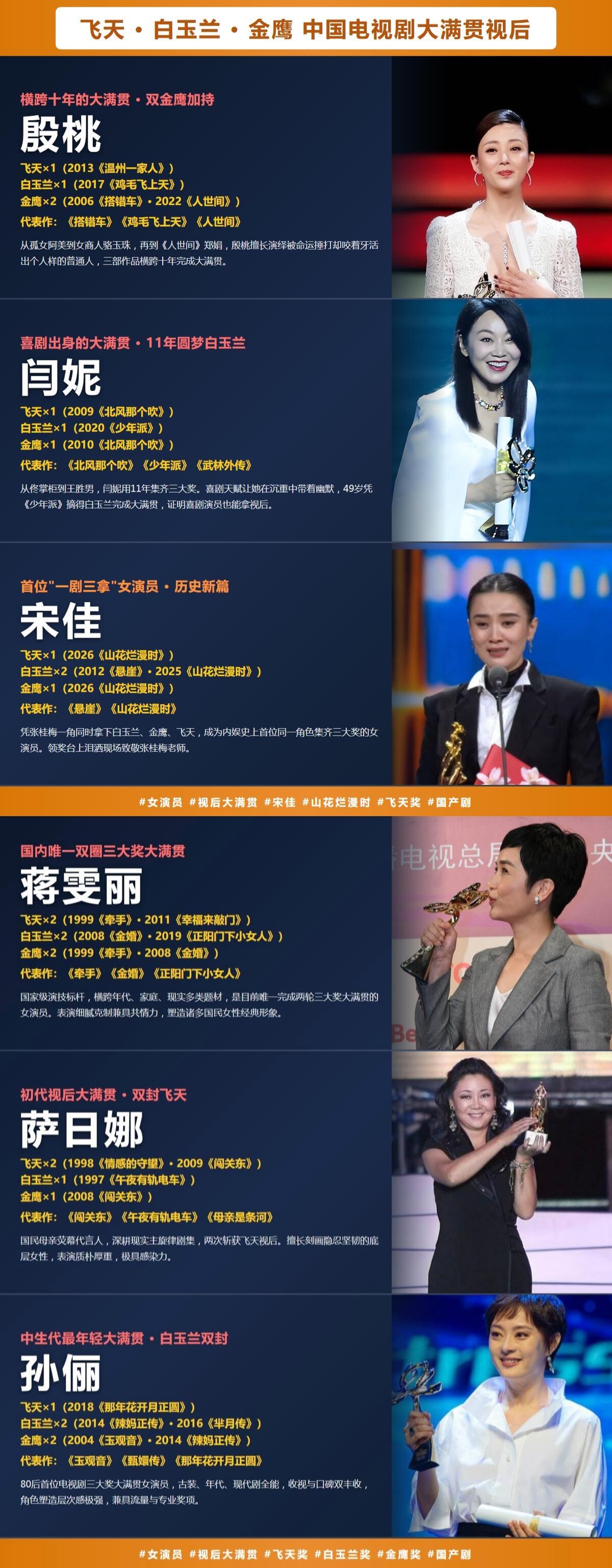 中国电视剧三大奖，飞天白玉兰金鹰奖，能够集齐三大奖成就大满贯，应该是所有演员的毕