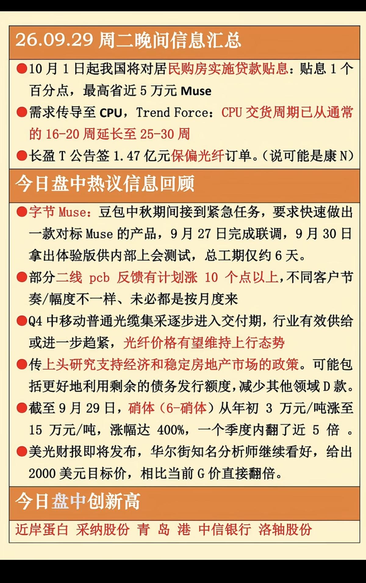 9.29周二  晚间：财经热点信息整理！

1.房地产贴息
2.国产CPU
3.