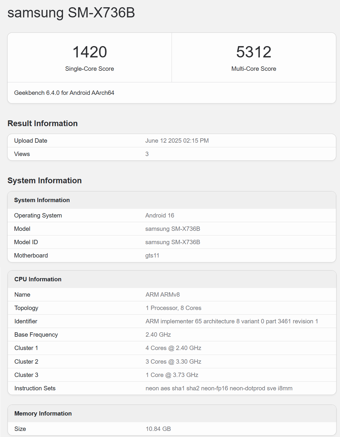 Galaxy Tab S11 天玑 9400+ 跑分 （低频） ​​​