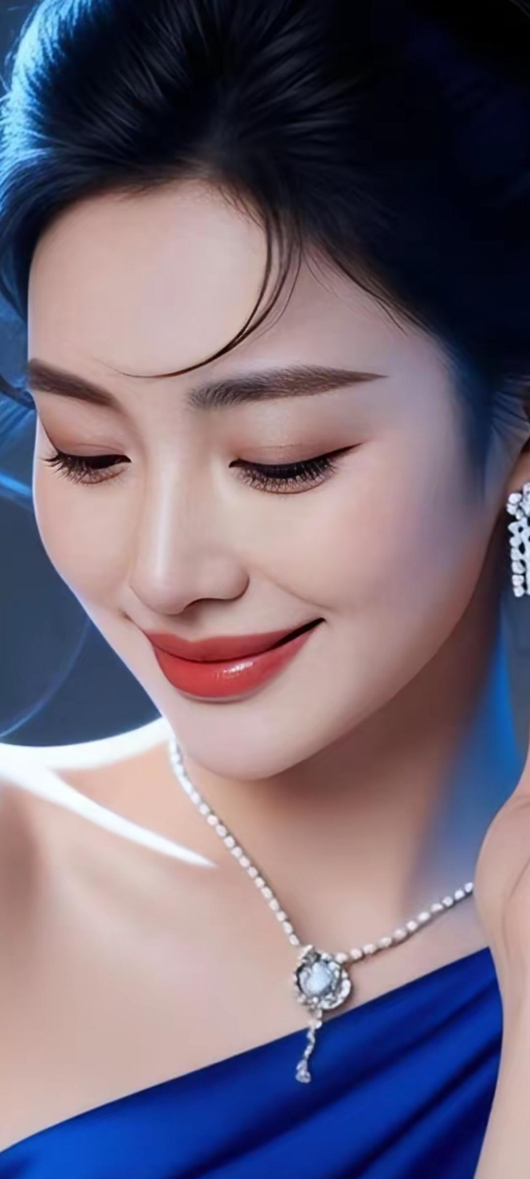 优雅蓝裙，闪耀耳环，温柔微笑，气质动人。