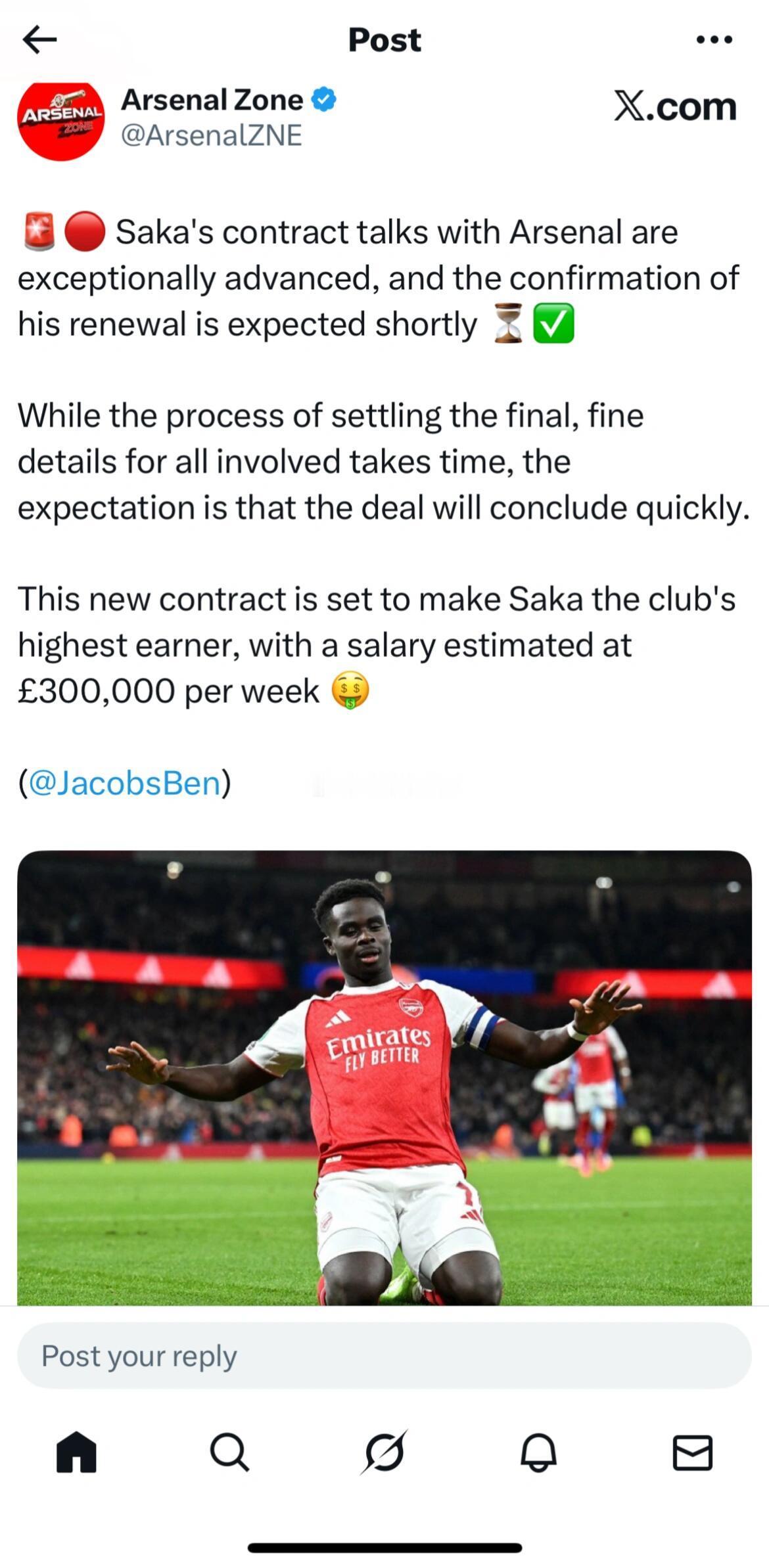 据BJ透露“萨卡与阿森纳的续约谈判进展顺利，预计很快就会确认续约。虽然最终敲定各