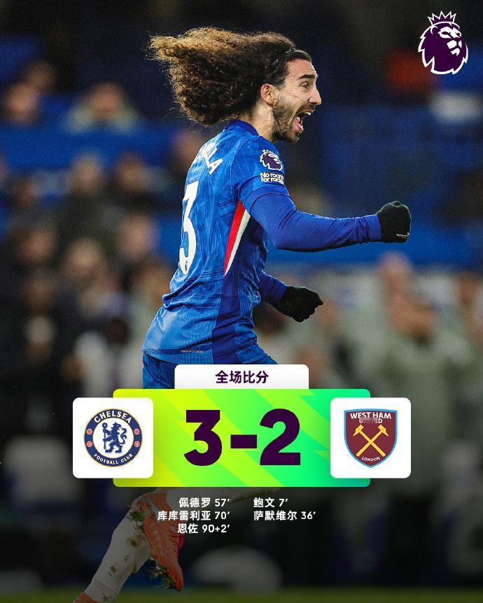 全场比分 | 切尔西 3-2 西汉姆联

⚽第7分钟，鲍文禁区右侧拿球摆脱，似传