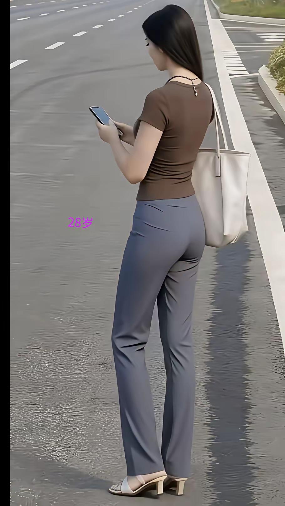 这位女士正在路上看手机。