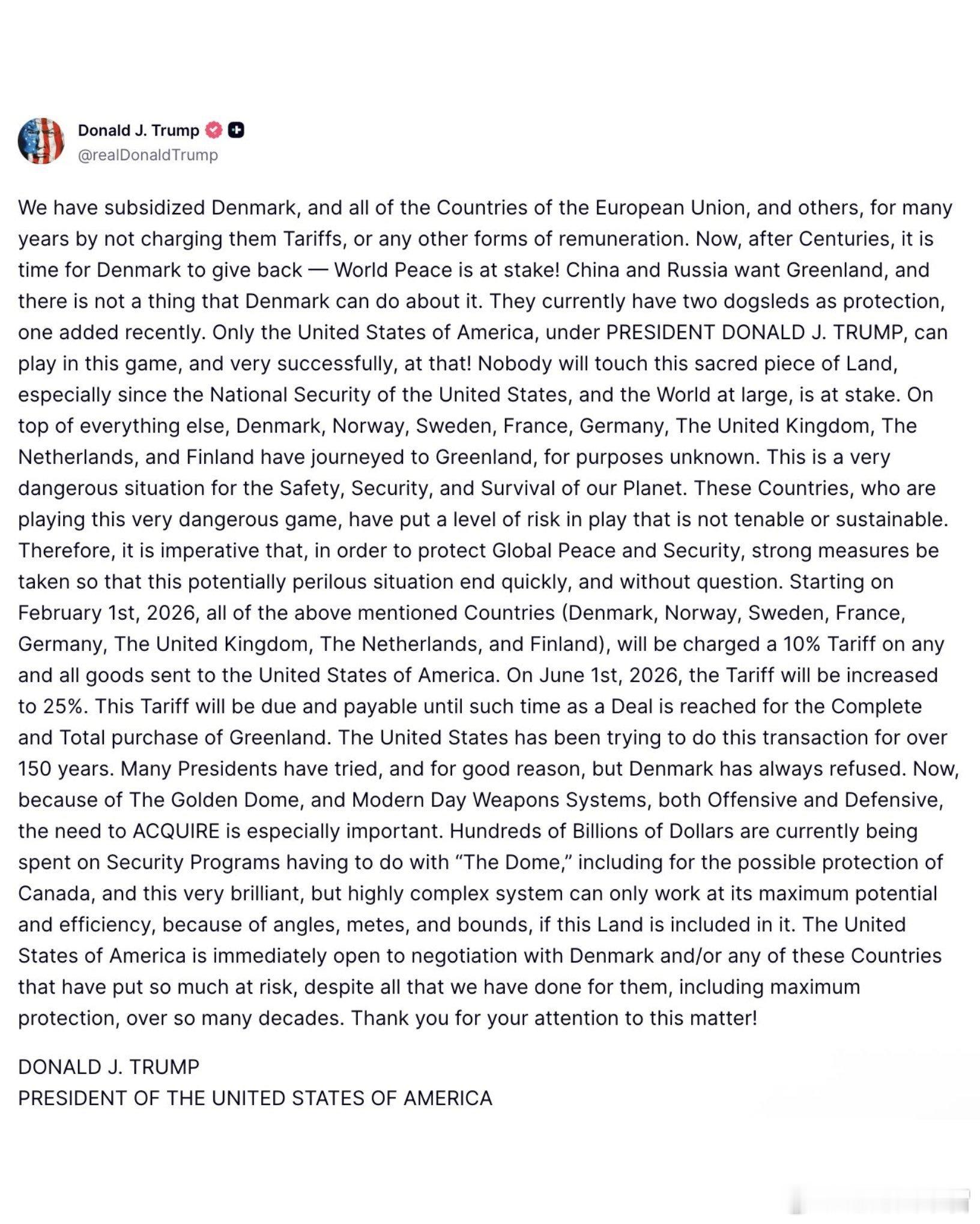 川普刚刚在真相平台上发文对阻碍和对抗美国收购格陵兰岛的丹麦和一些欧洲国家加征10