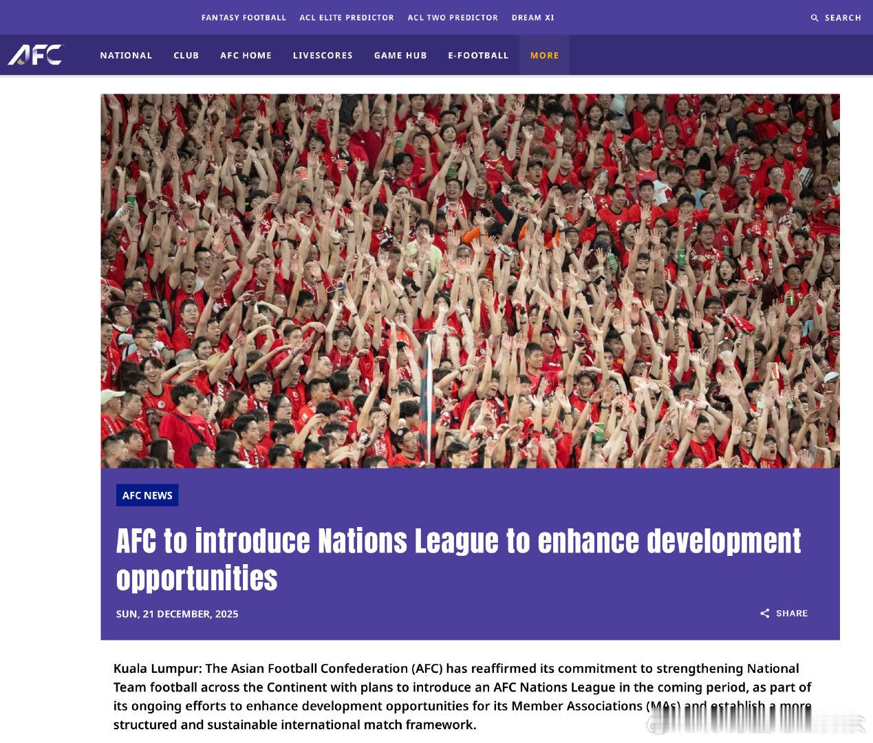 【亚足联：计划未来推出亚足联国家联赛】亚足联官方宣布，为提升亚洲国家队足球水平，