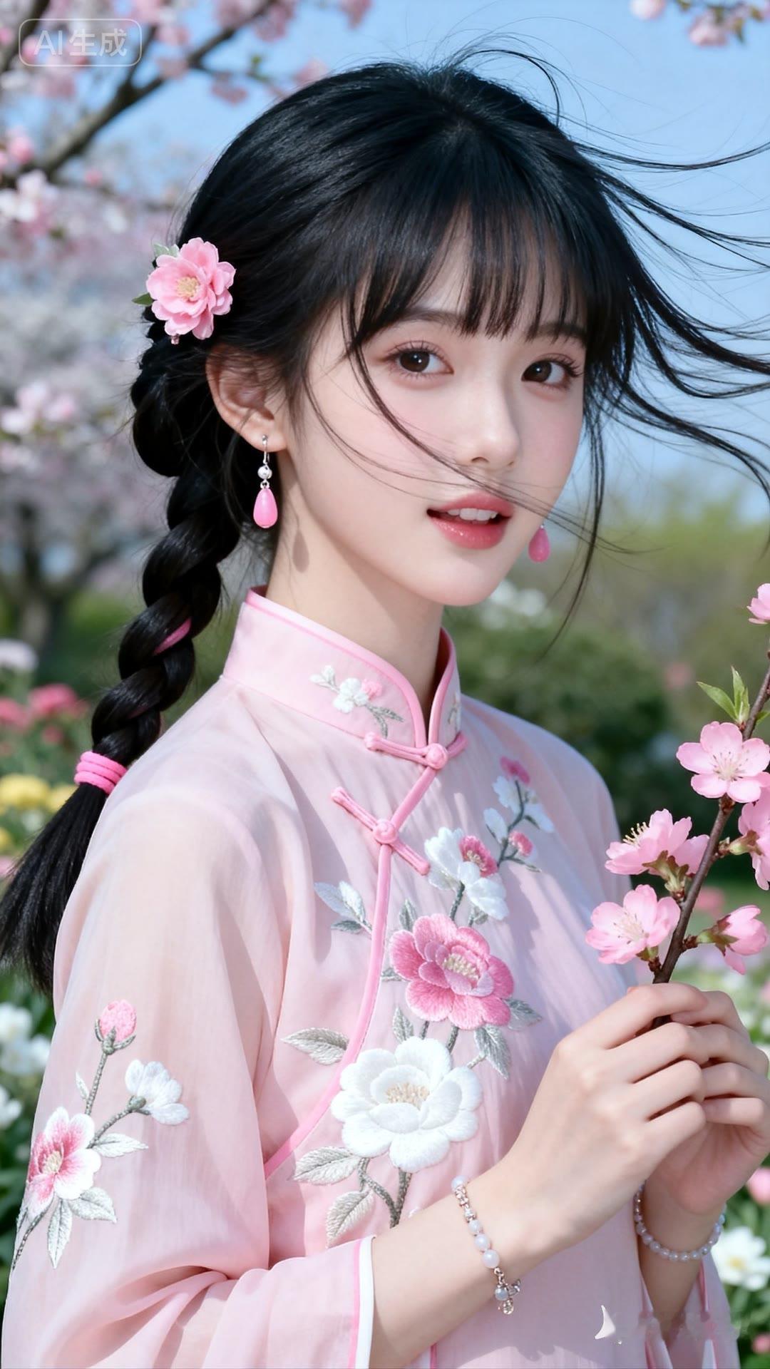 春日少女风，粉色花海中的优雅旗袍