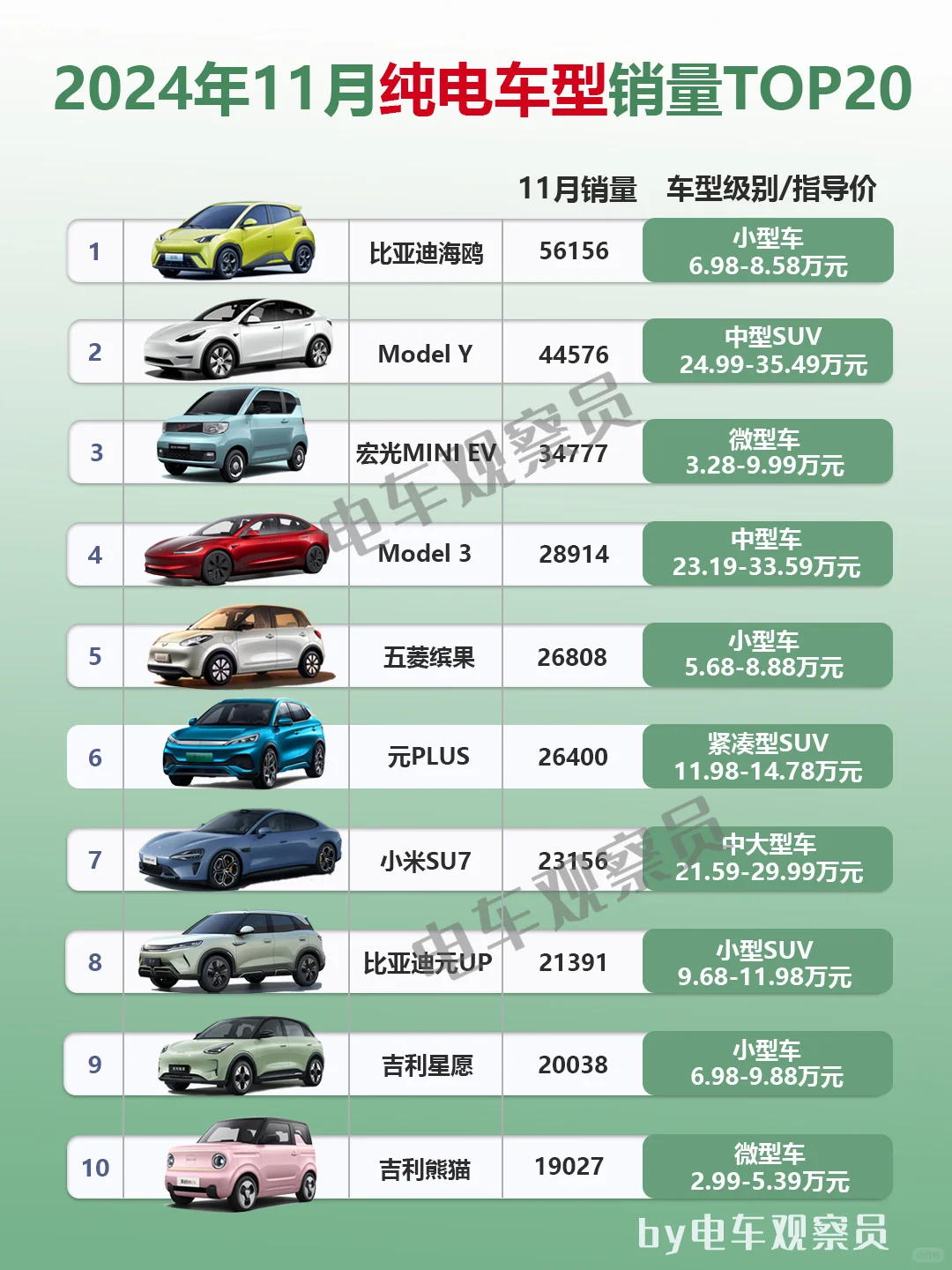 2024年11月纯电车型销量排行榜TOP20