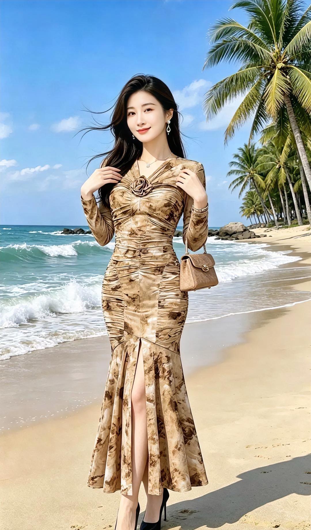 《椰风海韵》

花裙轻扬椰风旁，

碧海蓝天映脸庞。

浪花轻唱沙温暖，

笑意