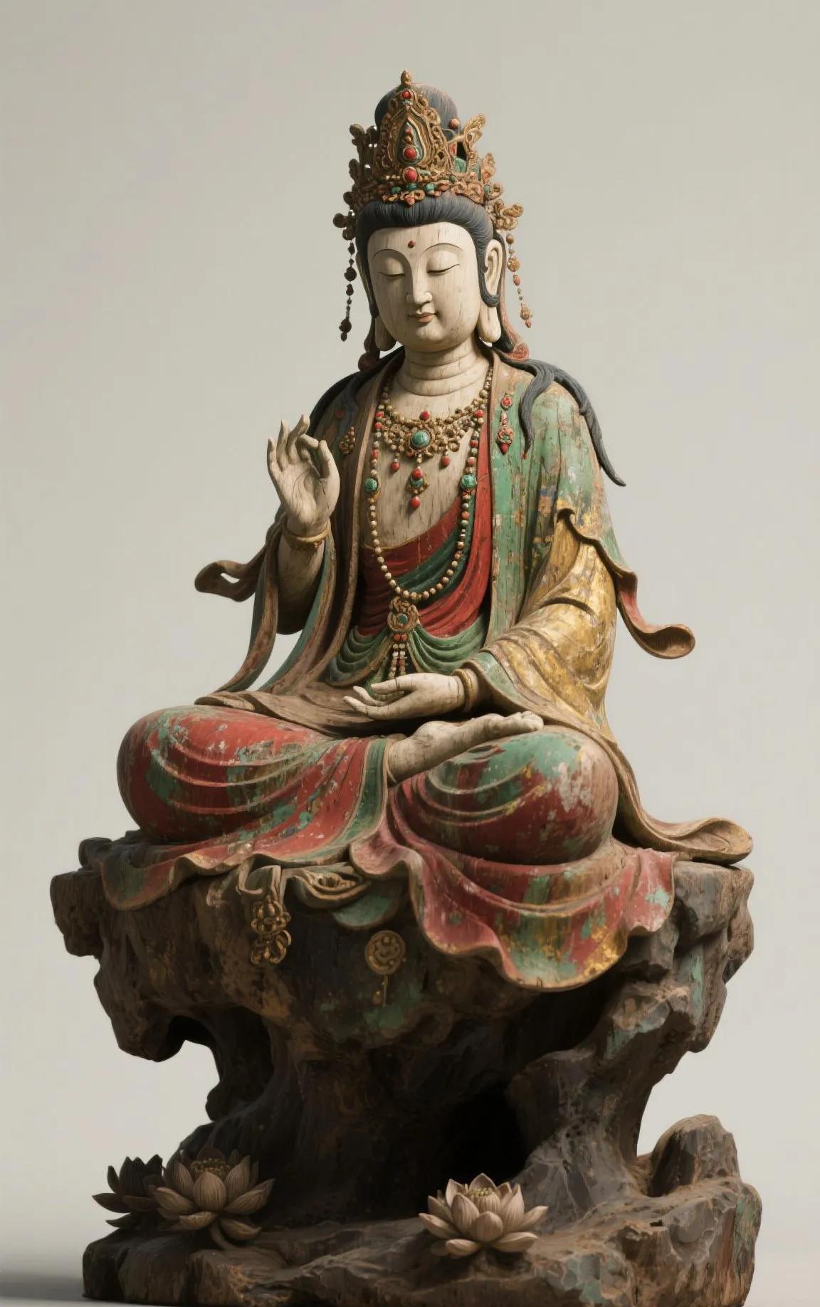 观音圣像
 
当目光触及这尊观音雕像，瞬间被一种庄严肃穆的氛围笼罩。雕像色彩虽有