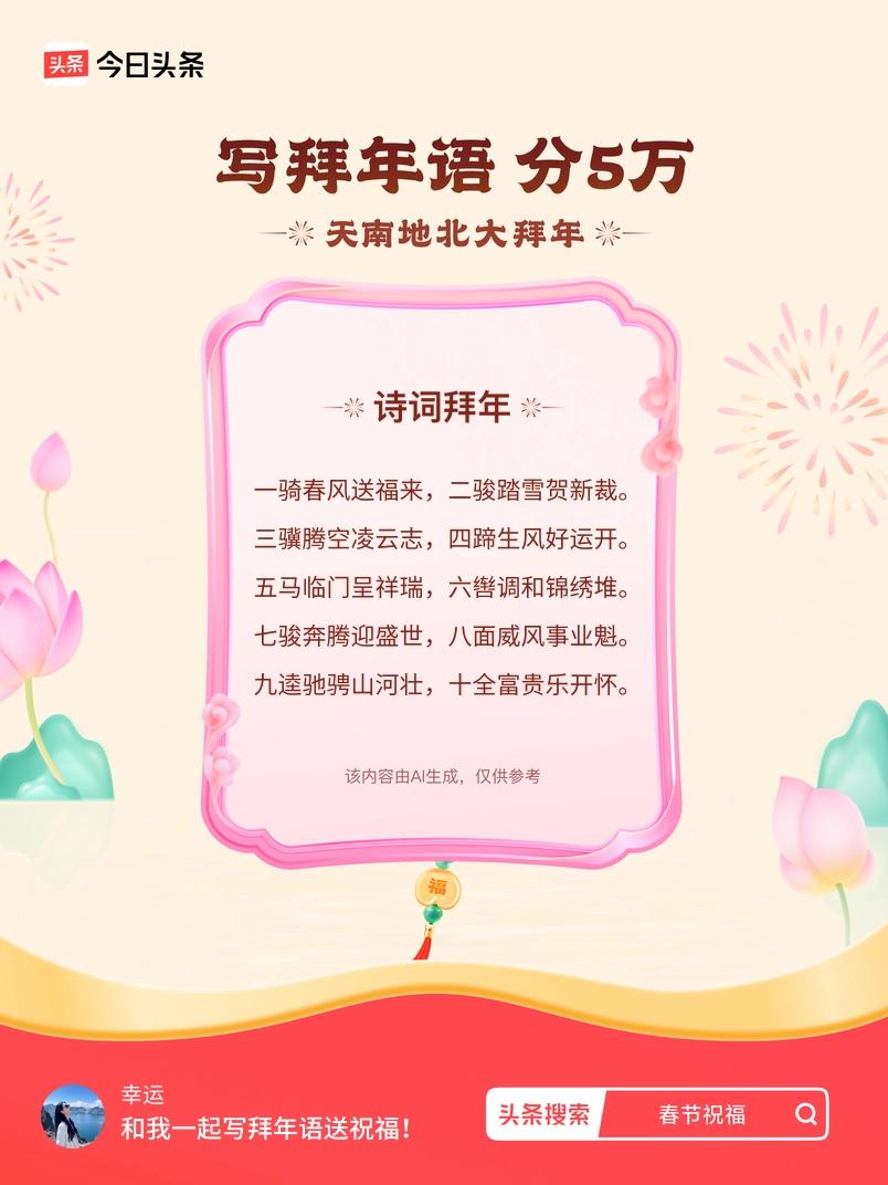 写拜年语送祝福新春拜年送祝福！我的祝福是：“一骑春风送福来，二骏踏雪贺新裁。三骥