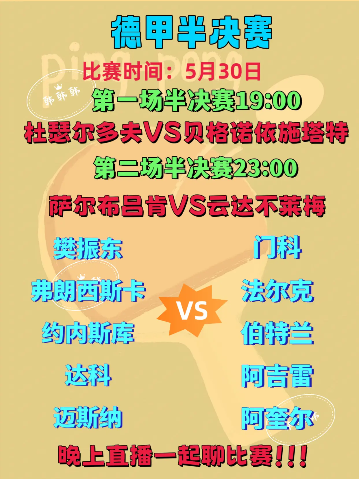 德甲半决赛。樊振东代表的萨尔布吕肯俱乐部今晚23:00进行德甲半决赛 东哥加油！