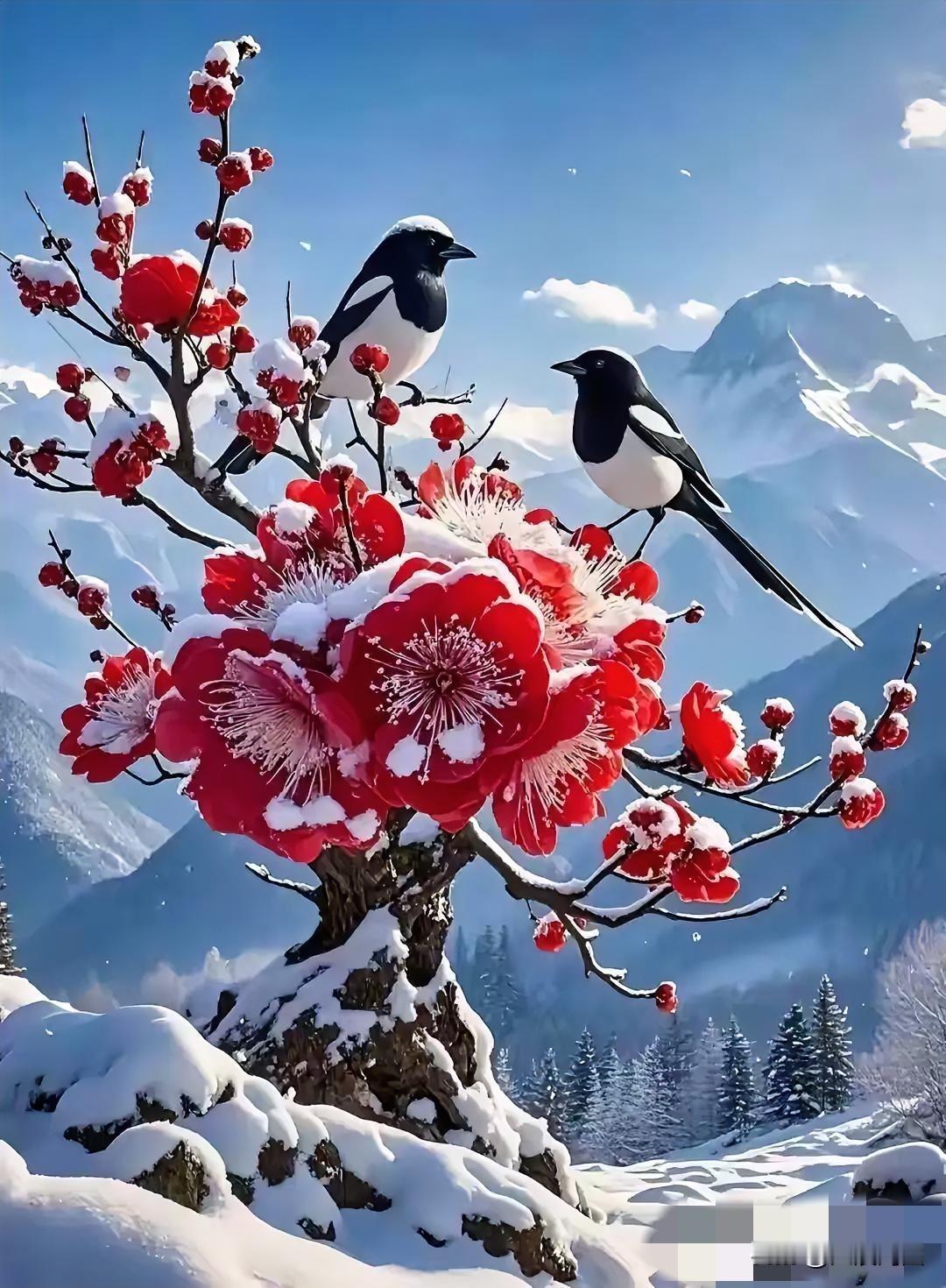 冬日雪景中的惊艳红梅，与黑白鸟儿相映成趣。红梅风景 红梅雪景照 红梅迎雪照 红梅