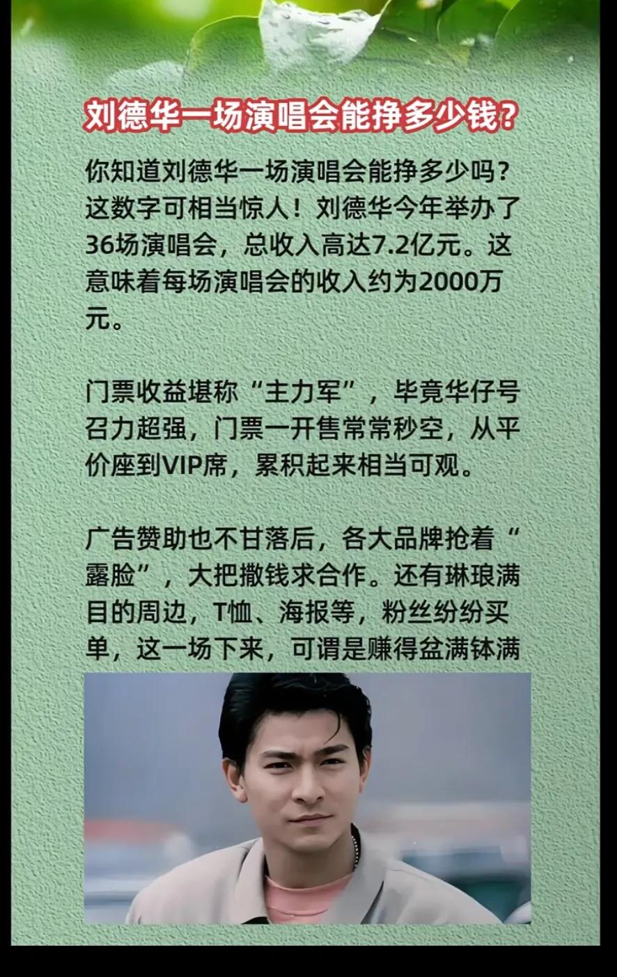 刘德华一场演唱会大概能赚多少钱？
其实华仔赚得多，捐得也不少。