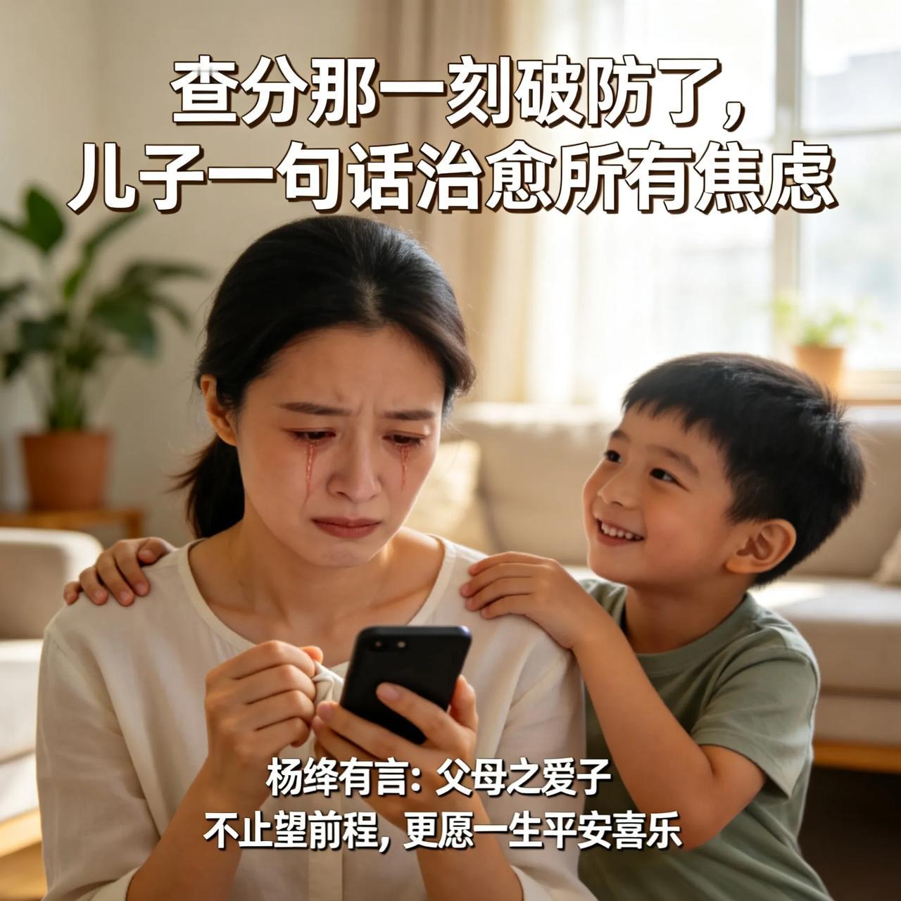查分那一刻破防了，儿子一句话治愈所有焦虑
 
多少家长，一生都被孩子分数牵着情绪