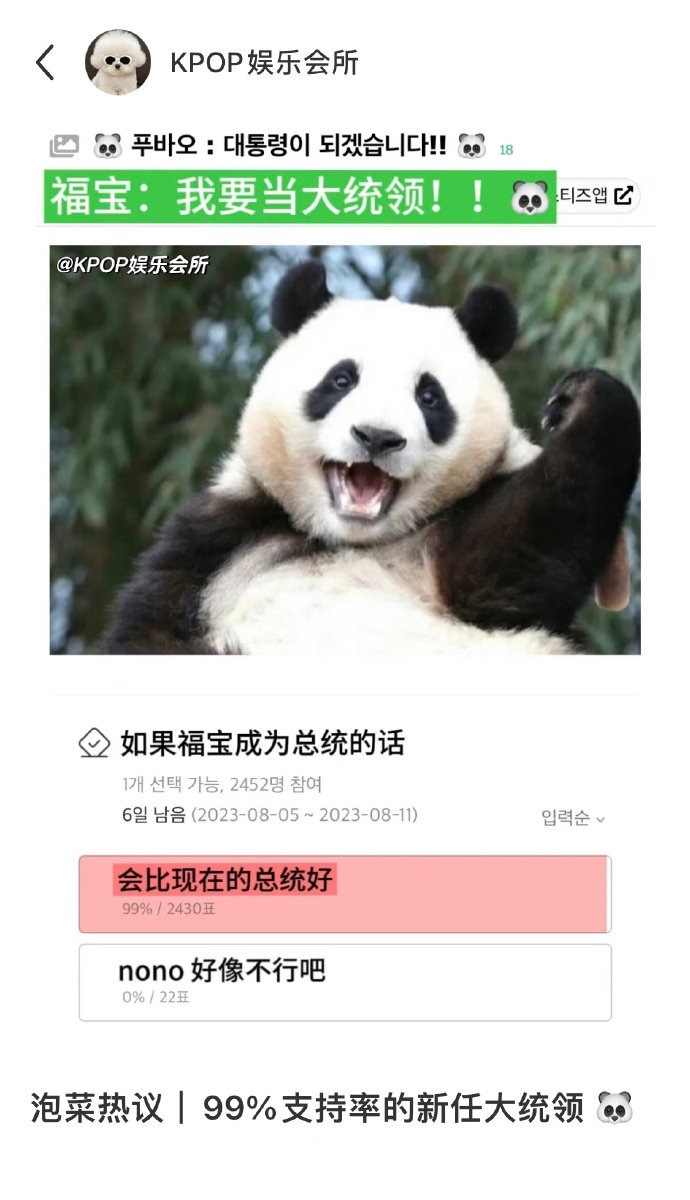 泡菜99%支持率的新任大统领福宝，笑发财了hgr别太爱😆#韩国网友支持福宝当大