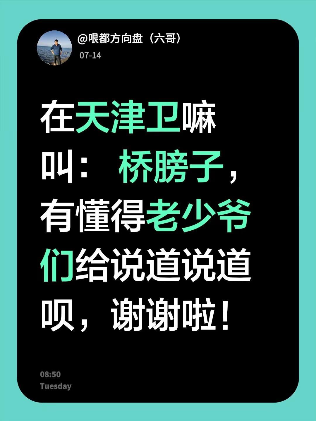 在天津卫嘛叫： 桥膀子，有懂得老少爷们给说道说道呗，谢谢啦！