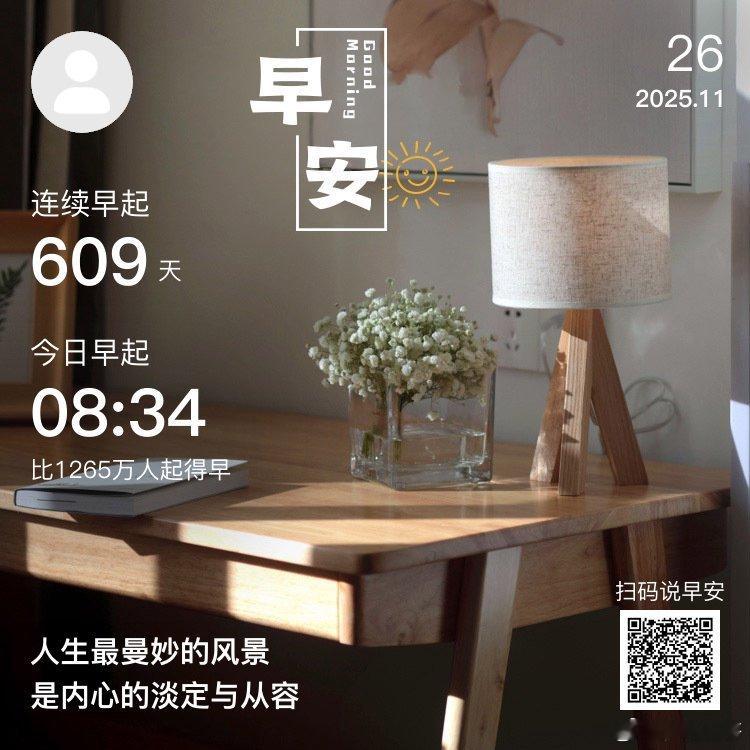日常早安，你已连续早起打卡609天，昨晚睡了8小时56分钟。舞台再大，你不上台演