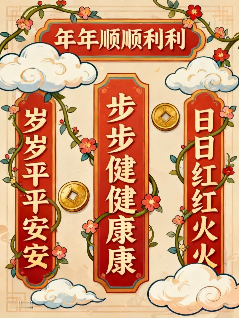 “年年顺顺利利”这上联，读着就喜庆，满满的祝福味儿。下面我对几幅下联。
经典喜庆