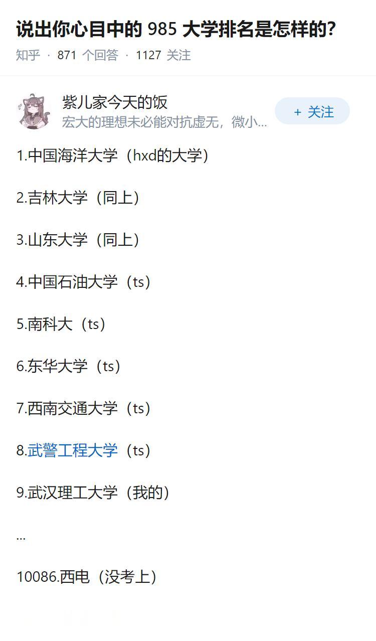 说出你心目中的 985 大学排名是怎样的？