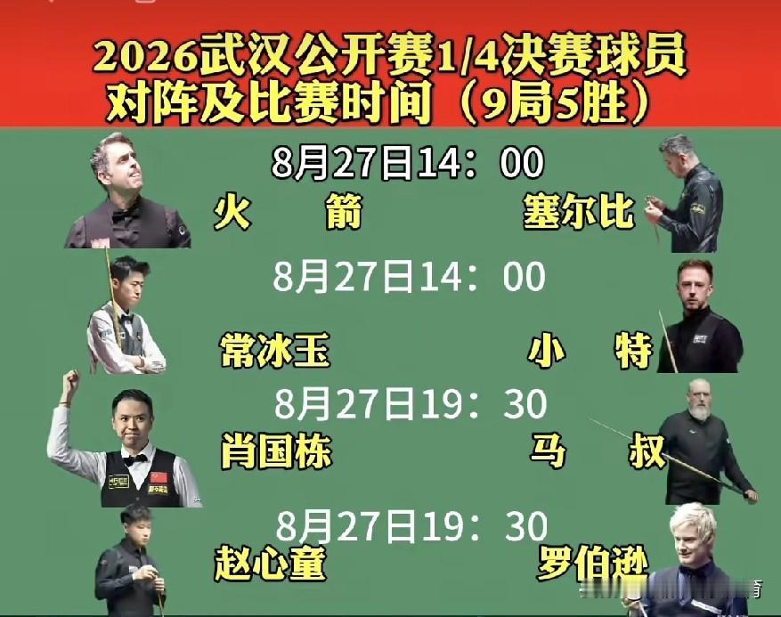 强强对话，谁能晋级四强！

斯诺克武汉公开赛，昨天已经产生了全部八强，今天将进行