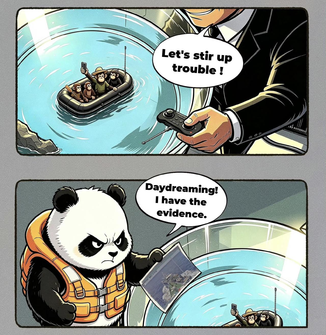 哇哦！好可爱的猴子。军号漫画，遥控船上耍猴子！巴拉望雨林中的猴子，正准备坐遥控船