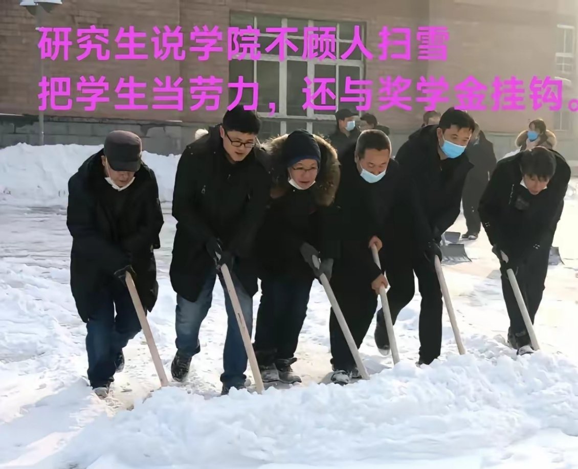 一研究生在网上吐槽称，辽宁大学化学院不雇人扫雪，也不顾铲雪车，完全让学生去铲雪，