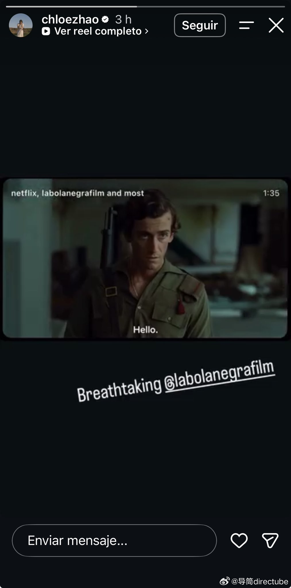 赵婷导演在她的Instagram Stories分享了《黑球》的预告片，称其“令