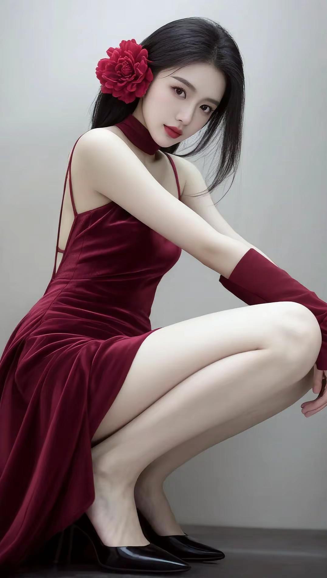 AI酒红蹲姿照 ai创作 漂亮女孩