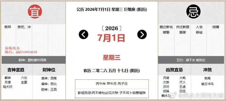 每日通胜：2026年7月1日黄历公历：2026年7月1日 星期三农历：二零二六年