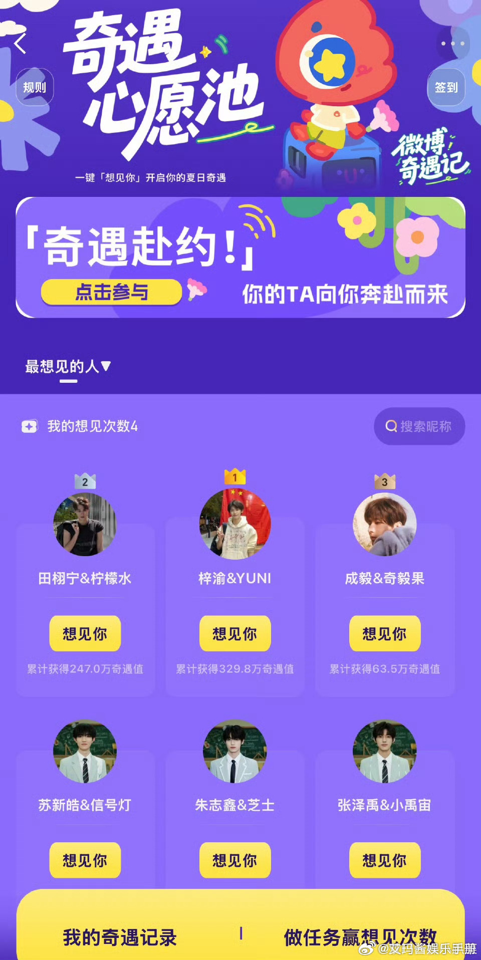 微博奇迹之夜目前票数前9明星，你为谁投票？梓渝、田栩宁、成毅、苏新皓、朱志鑫，张