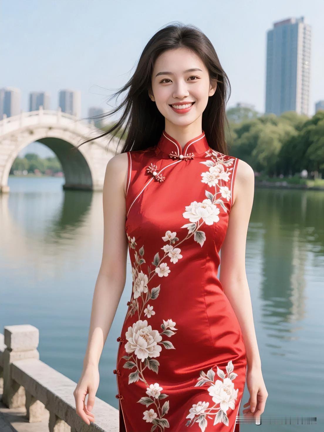 红裳绣牡丹，临水照影。石桥卧波，春风拂面。一袭东方韵，笑靥映华光，恰似画中人，温