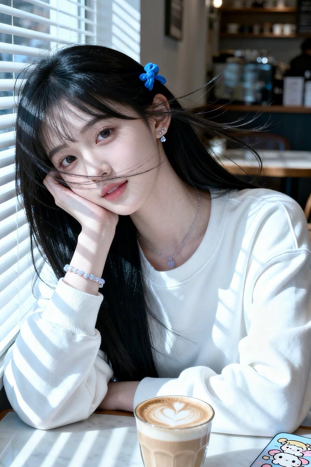 阳光明媚，女孩喝着咖啡，心情好好。我的女神 清纯甜美女孩 气质美女