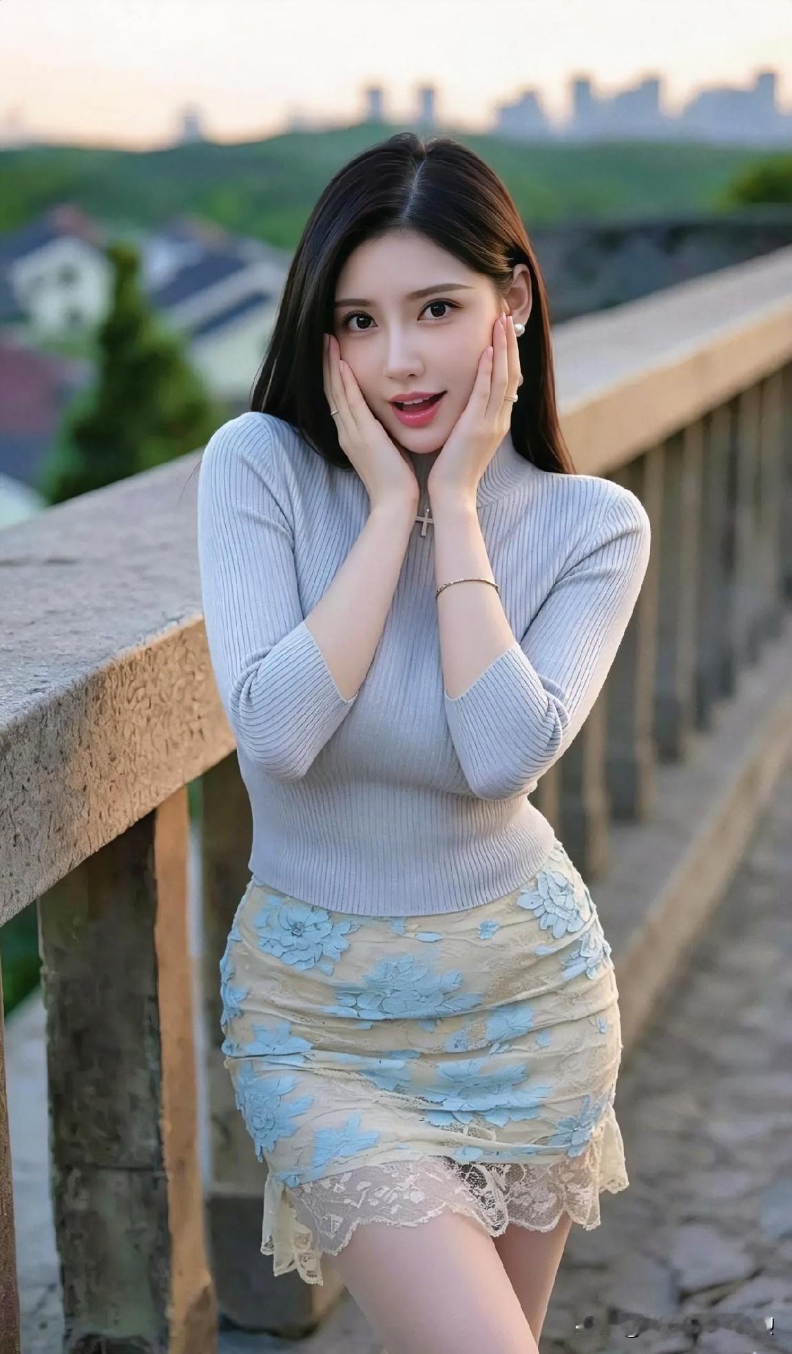 暮色轻笼，浅蓝针织温柔入骨。花裙摇曳蕾丝边，双手托腮间，眼波流转，是桥畔邂逅的初