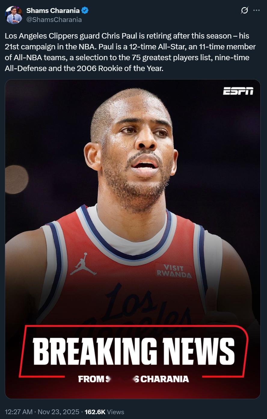 Shams：雷霆名宿克里斯保罗将于本赛季结束后退役。编辑by 蓝色狂潮OKC 